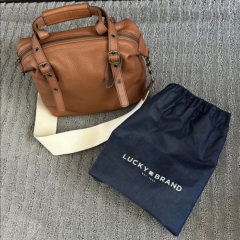 NWT ~Lucky Brand CaroWhiskey Tan leather satchel crossbody luggage strap